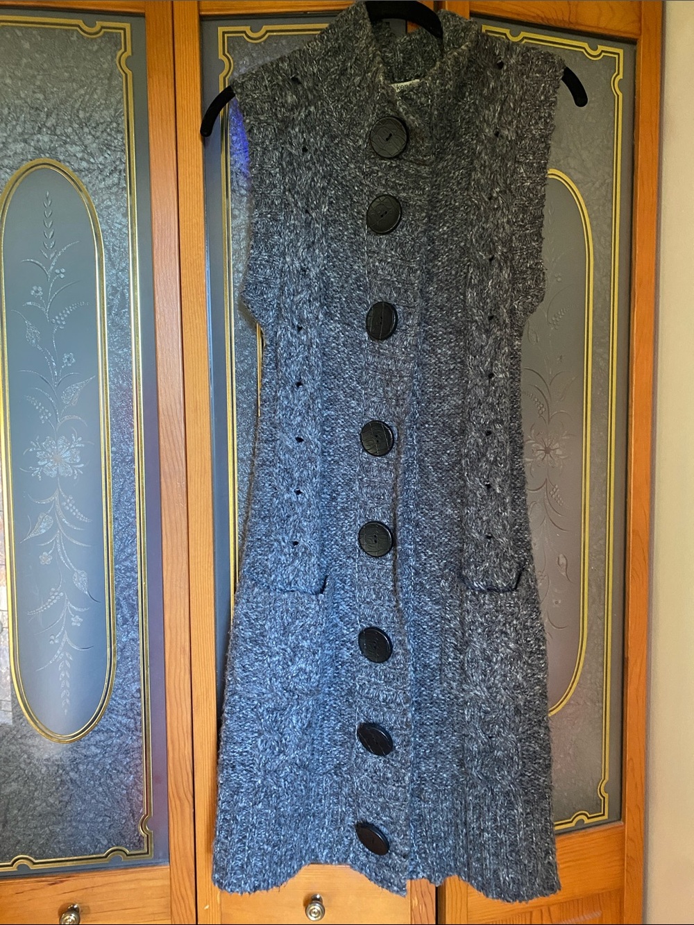 Kensie Cozy Knit Sleeveless Cardigan Vest - Charcoal. Big button detail.
